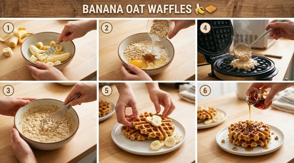Step-by-step visual infographic for fluffy banana oat waffles showing mashing bananas, adding oats and egg, whisking batter, waffle iron cooking, and maple syrup drizzle