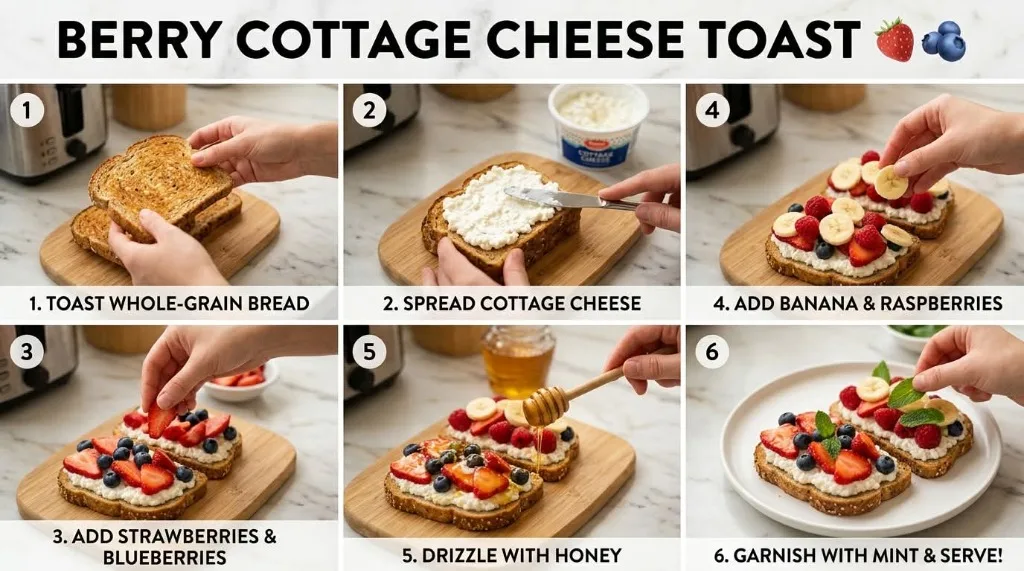 Step-by-step visual recipe guide for berry cottage cheese toast showing toasted whole grain bread, whipped cottage cheese spread, fresh strawberries, blueberries, raw honey drizzle, and fresh mint