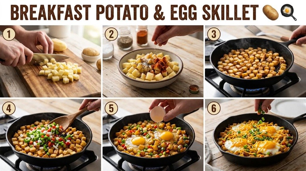 Step-by-step cooking infographic for breakfast potato and egg skillet showing dicing potatoes, seasoning with paprika, frying in cast iron skillet, adding bell peppers and onions, cracking fresh eggs into wells, and melted cheddar cheese with scallions
