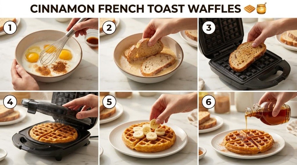 Step-by-step infographic guide for cinnamon French toast waffles showing whisking cinnamon vanilla custard, soaking thick bread, placing on hot waffle iron, pressing into crisp golden waffles, topping with banana slices, and warm maple syrup drizzle