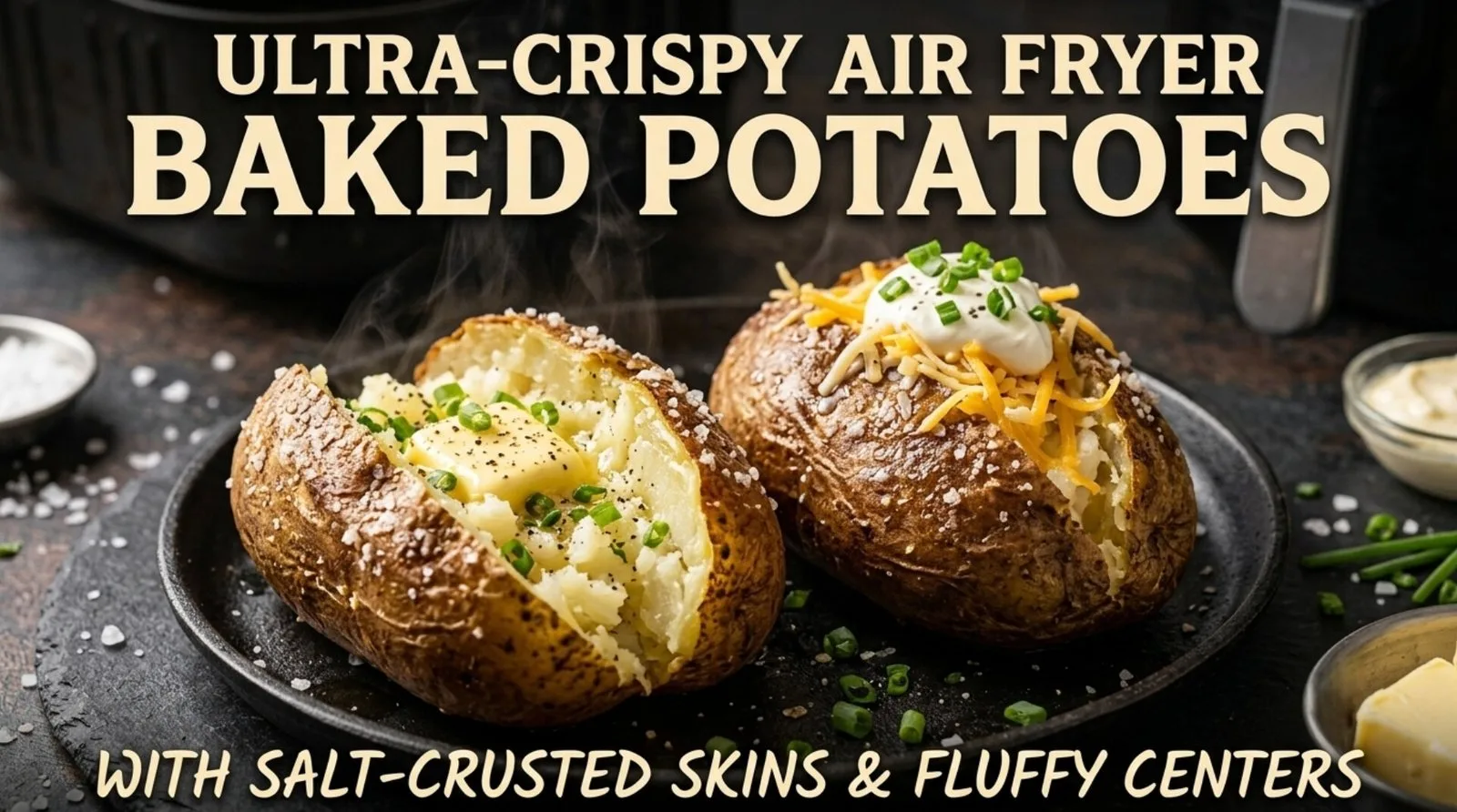 Ultra crispy baked russet potato split open in the center showing a fluffy steaming interior topped with melted butter, sour cream, chives, and flaky sea salt