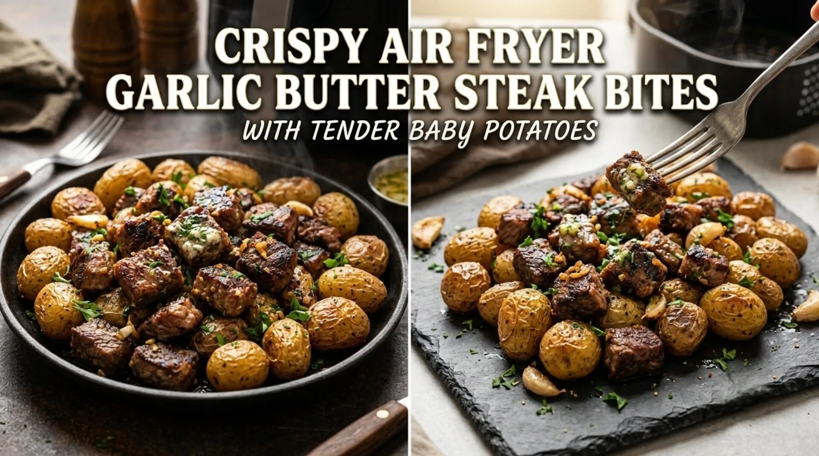 Juicy seared steak bites and crispy golden baby potatoes in an air fryer basket tossed with foaming melted garlic herb butter and fresh parsley