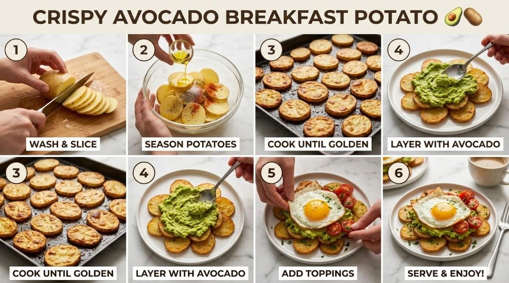 Step-by-step infographic guide for crispy avocado breakfast potato showing slicing, seasoning, roasting, layering with mashed avocado, and topping with a sunny fried egg