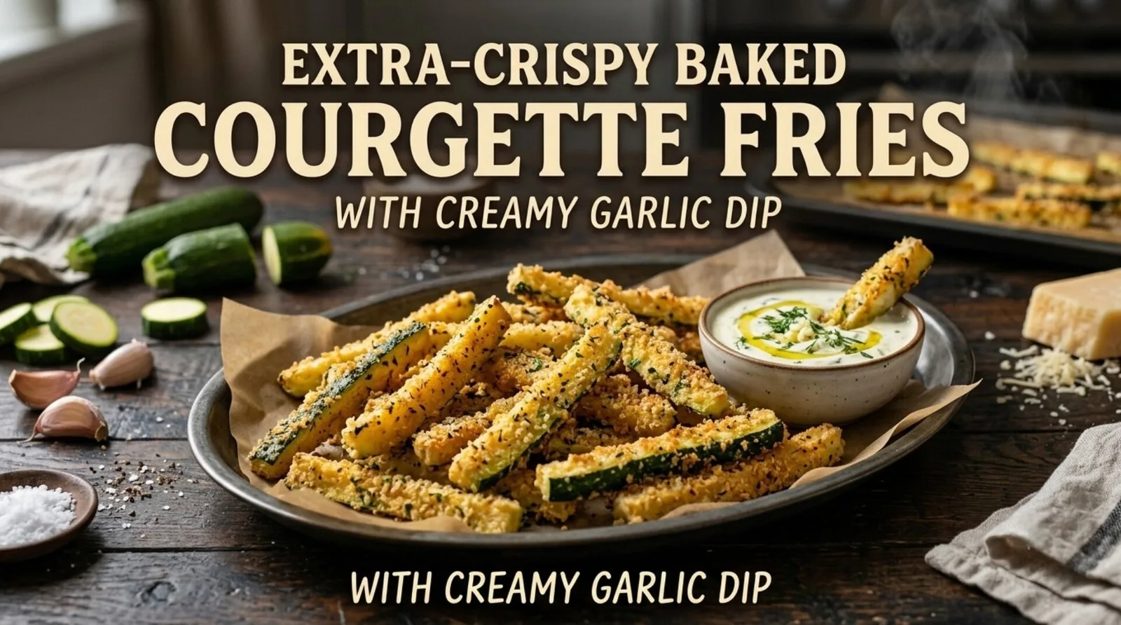 Crispy golden baked courgette fries stacked in a bowl with creamy garlic mayonnaise dipping sauce and fresh herbs