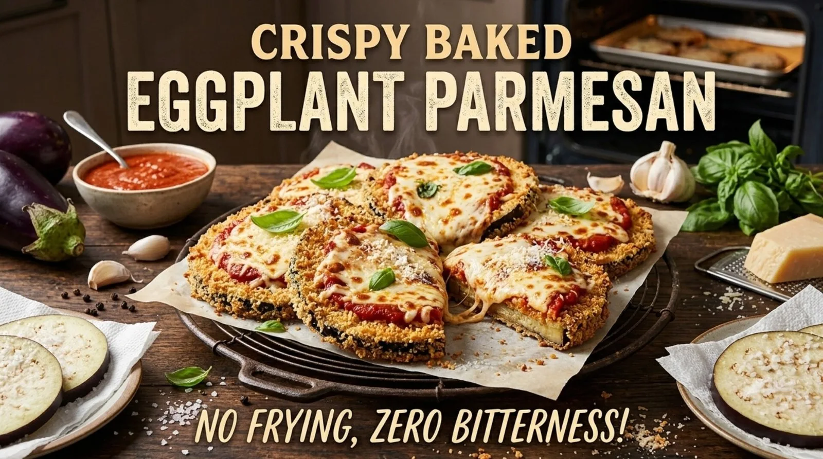Golden crispy baked eggplant cutlets stacked with rich red marinara sauce, melted gooey mozzarella cheese, and fresh torn basil leaves