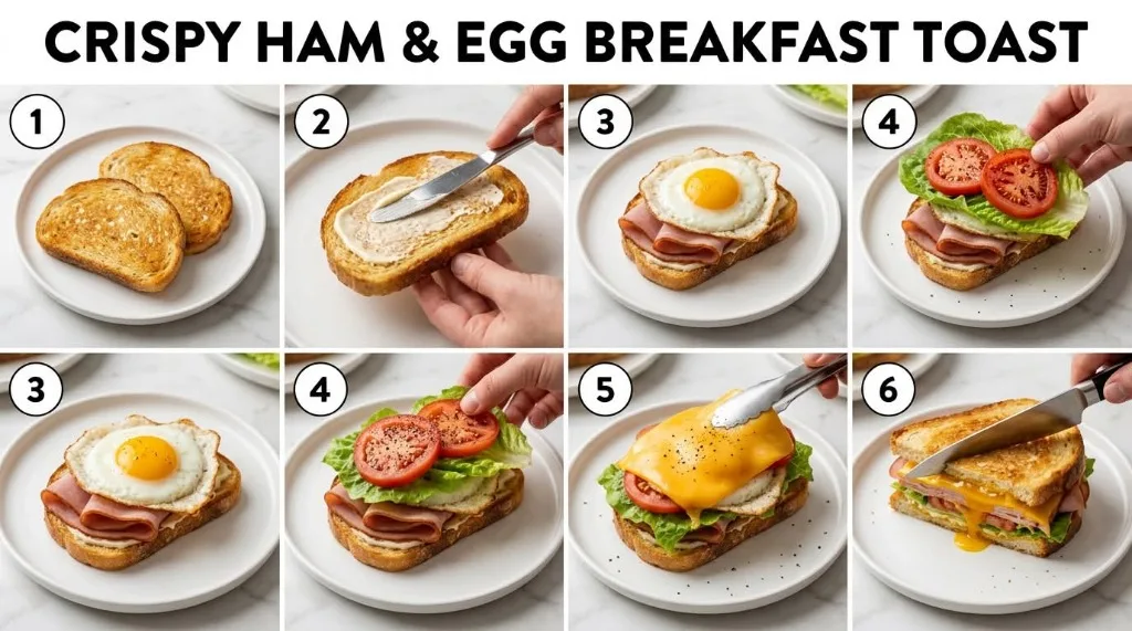 Easy step-by-step visual infographic for crispy ham and egg breakfast toast showing toasted bread, garlic mayo spread, seared ham, fried egg, lettuce, sliced tomatoes, melted cheddar cheese, and diagonal slice
