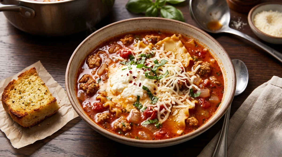 A comforting bowl of easy lasagna soup garnished with melted mozzarella, creamy ricotta cheese, chopped fresh basil, and crispy garlic bread on the side.