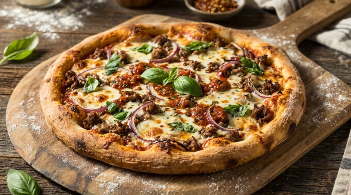 Freshly baked homemade ground beef pizza with golden crispy crust, bubbly melted mozzarella cheese, seasoned beef crumbles, and red onions.
