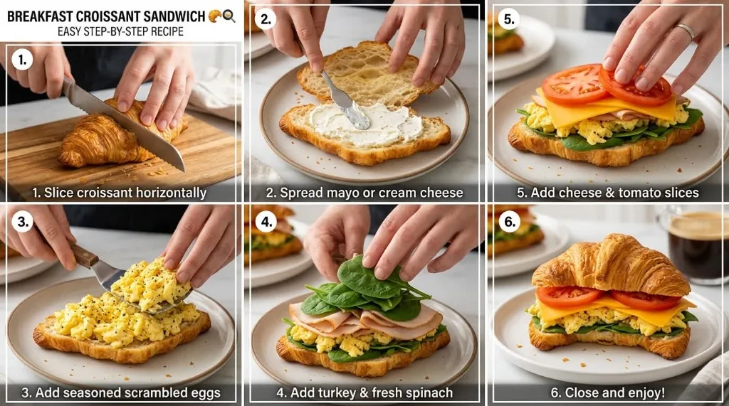 Easy step-by-step infographic recipe for loaded breakfast croissant sandwich showing slicing croissant, herb spread, fluffy scrambled eggs, turkey, spinach, cheddar cheese, and fresh tomato