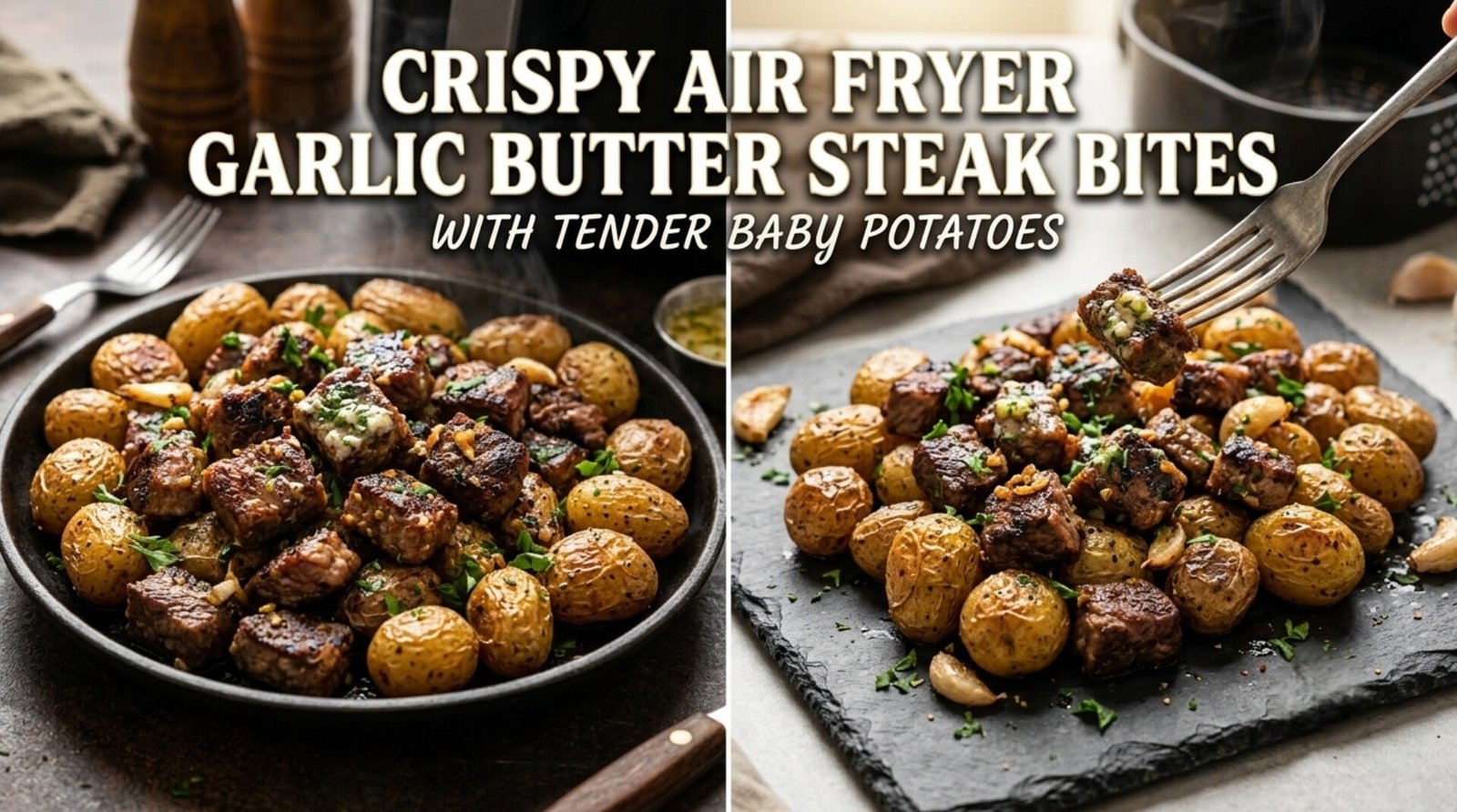 Juicy seared steak bites and crispy golden baby potatoes in an air fryer basket tossed with foaming melted garlic herb butter and fresh parsley