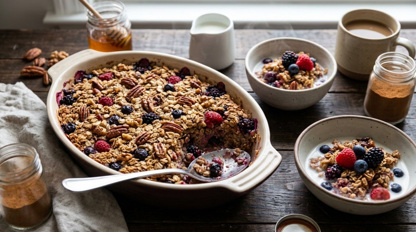 Warm freshly baked cinnamon berry oatmeal in casserole dish topped with blueberries, bananas and pecans