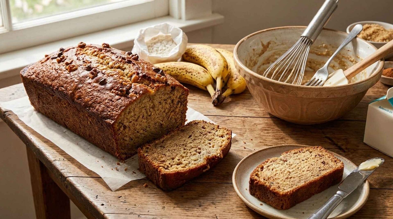 Freshly baked golden loaf of moist banana bread sliced on cutting board with walnuts