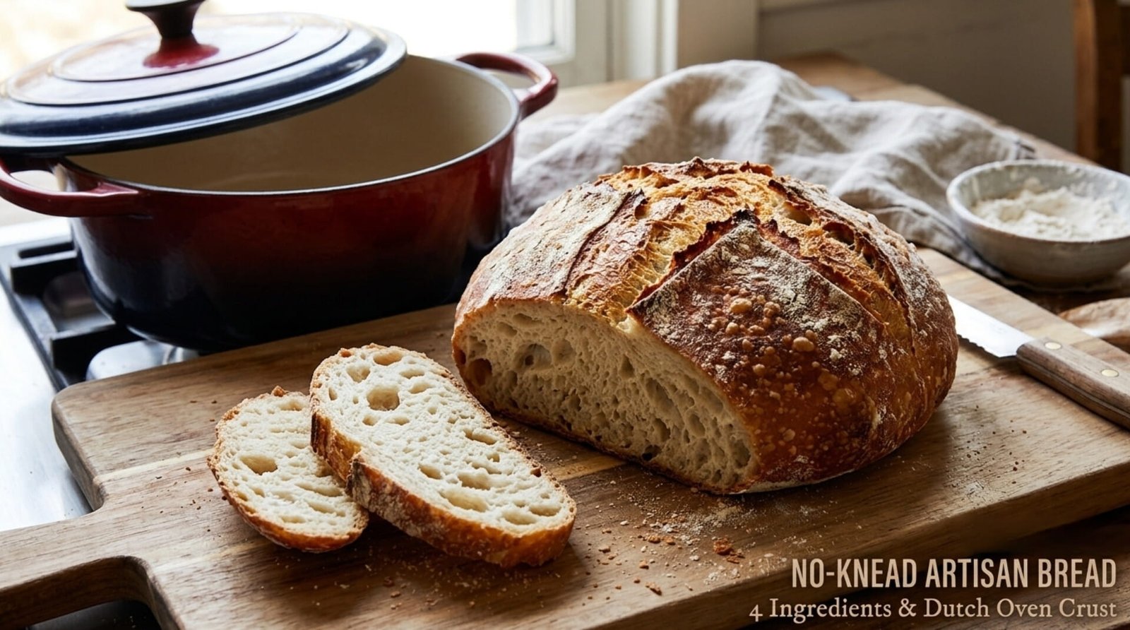Freshly baked round golden artisan bread boule with blistered crackly crust on wooden board