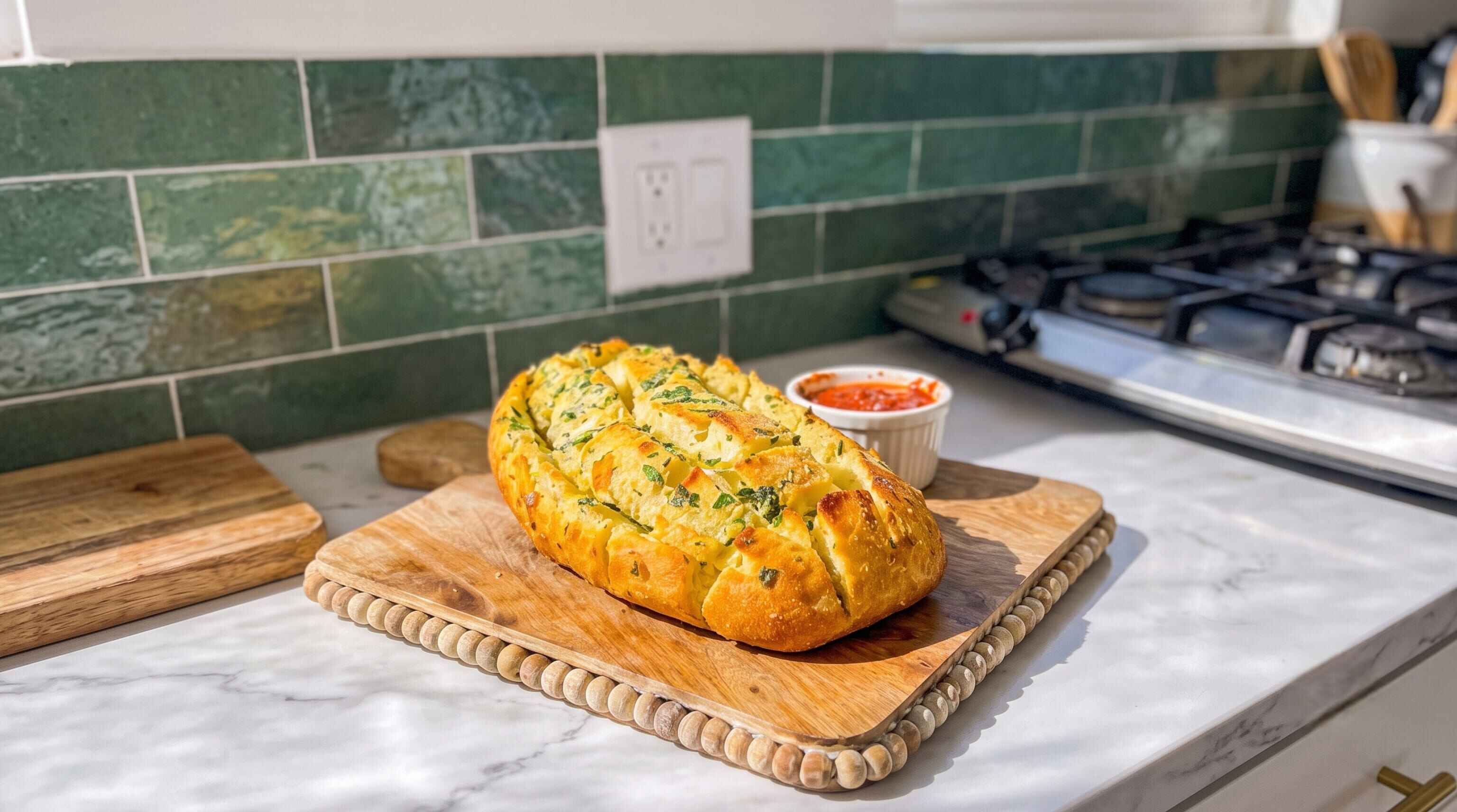 Warm crusty pull-apart sourdough bread loaf stuffed with melted strings of mozzarella and herbs on parchment paper