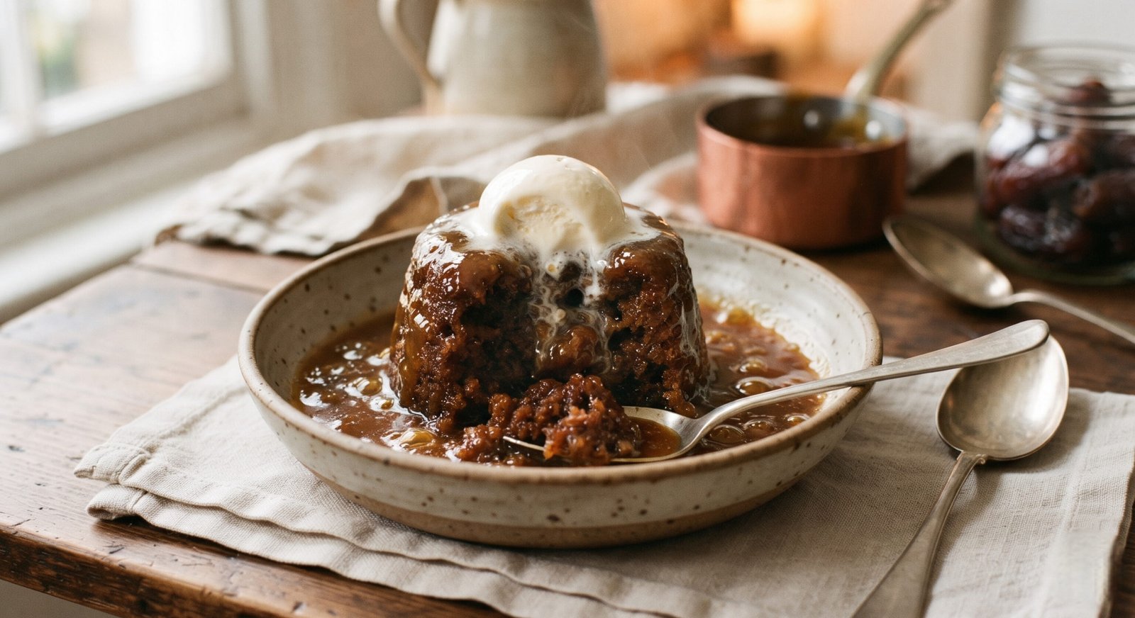 A warm square of British sticky toffee pudding drenched in bubbling golden toffee butterscotch sauce with a scoop of vanilla ice cream.