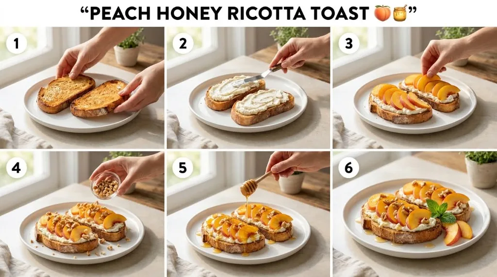Step-by-step infographic guide for peach honey ricotta toast showing toasted sourdough, spreading creamy whole milk ricotta, fanning fresh peach slices, toasted walnuts, honey drizzle, and fresh mint garnish