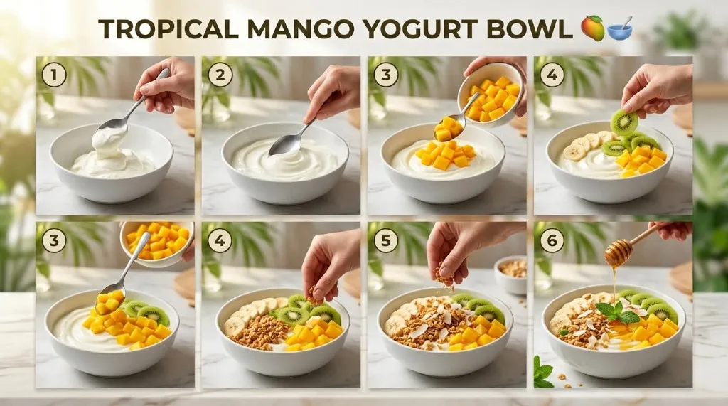 Step-by-step infographic guide for tropical mango yogurt bowl showing spooning Greek yogurt, swirling, adding fresh mango cubes, sliced kiwi, banana, granola, and raw honey drizzle